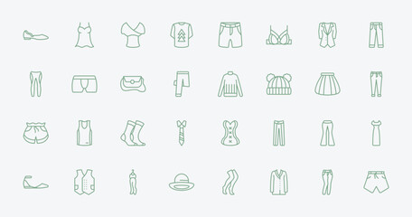 Fototapeta premium outline clothes icons set - ballets flats, nightwear, turtleneck, flare pants. editable vector for web and mobile ui