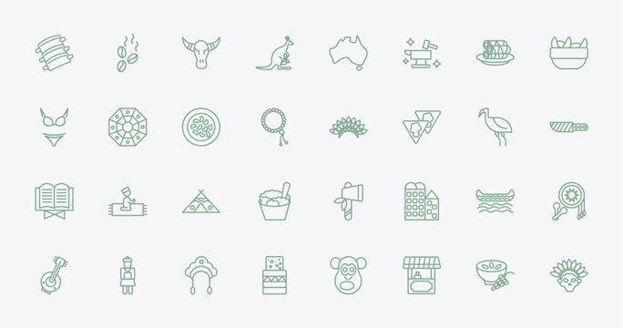 outline culture icons set - pork ribs, coffee grains, indian headdress, native american canoe. editable vector for web and mobile ui