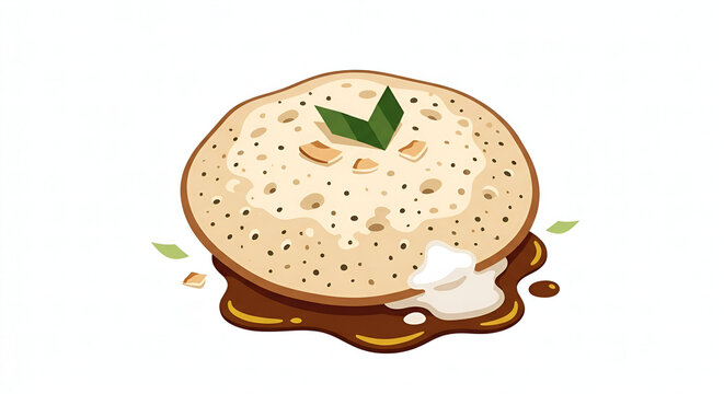Vector illustration of Serabi or Surabi, a traditional Indonesian coconut milk pancake, served with sweet brown palm sugar syrup (kinca) and pandan leaf ornament.