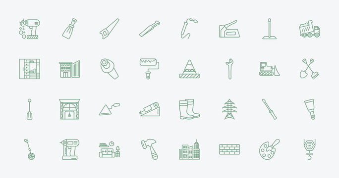 outline construction icons set - electric drill, scratcher tool, road stopper, repair screwdriver. editable vector for web and mobile ui