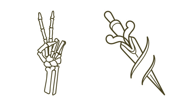 Line art illustration of a skeleton peace sign and a dagger with skeleton illustration minimalist sharpness fingernails creative artistic symbolic mystical detailed
