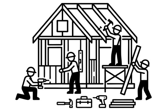 Construction Workers Building Wooden House Frame