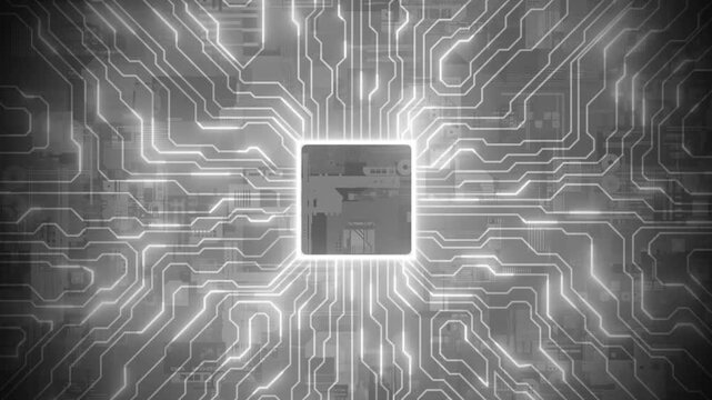 Radiating from the chip are brightly illuminated printed circuit board (PCB) pathways, creating a complex, futuristic effect of flowing energy or data.
