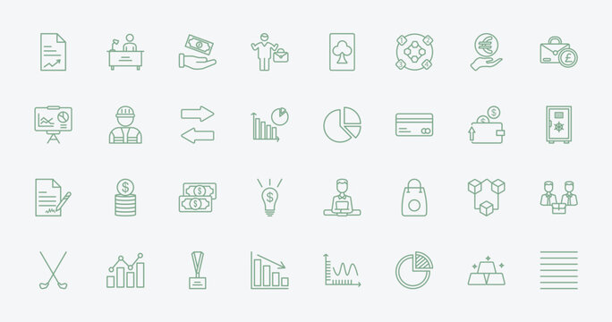 outline business icons set - paper graphic, director desk, pie chart statistics, connection box chart. editable vector for web and mobile ui