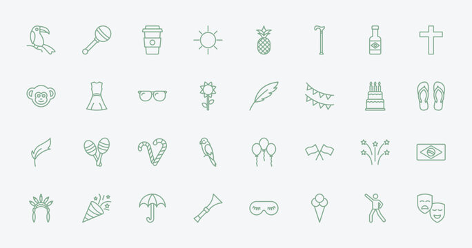 outline brazilia icons set - toucan, rattle, feather, fireworks. editable vector for web and mobile ui