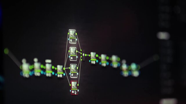 A close-up view of a node-based graphical workflow interface on a computer monitor in a low-light (dark) environment. 