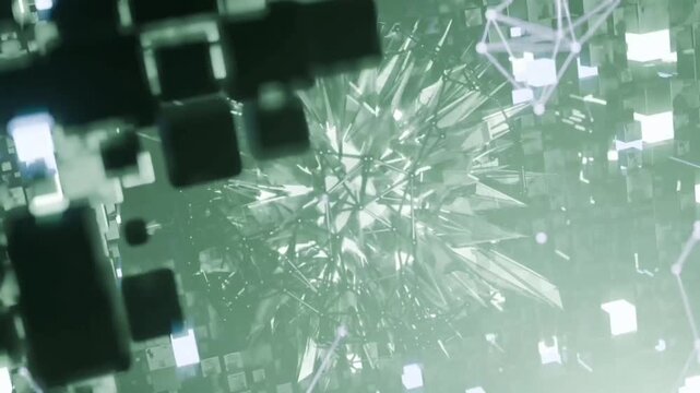 A glowing, geometric crystal-sphere structure at the center, surrounded by thousands of digital cubes, a virtual neural network, and streams of mint and bluish neon light.