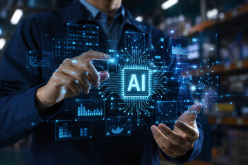 Fototapeta premium Logistics worker managing warehouse operations with artificial intelligence technology and digital data interface for smart supply chain management.