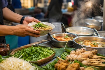 Obraz premium Street Vendor Serving Fresh Traditional Thai Noodle Soup at a Bustling Local Market Stall