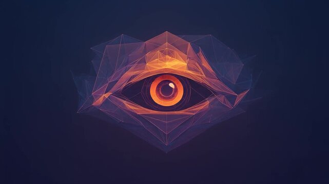 Digital eye with geometric shapes and a network of lines, illuminated on a dark background