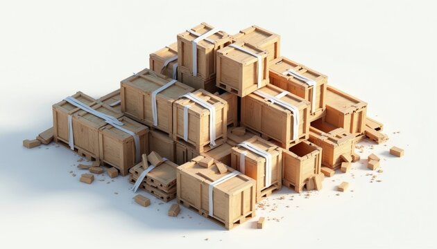 Stack of wooden crates, some damaged and broken. Boxes are on pallets tied with white straps, scattered debris around. Isolated on a clean white background.