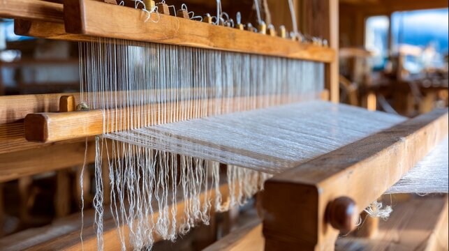 Intricate threads in motion on a vintage wooden weaving loom, showcasing the art of textile creation.