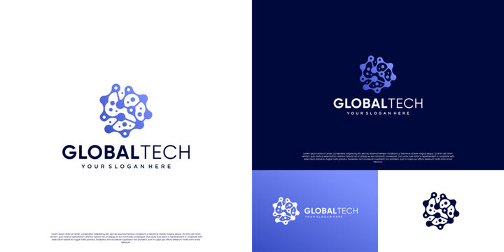 global technology innovation logo, interconnected molecular shapes, circular abstract shapes, digital network symbols, vector graphic illustration.