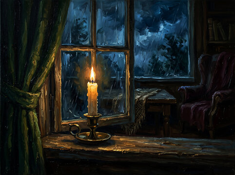 Cozy room with a lit candle on a wooden windowsill offering a warm glow as rain falls outside a window creating a tranquil and reflective atmosphere.