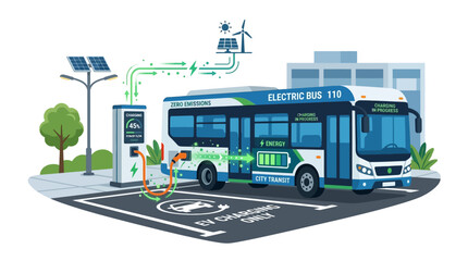 Fototapeta premium Electric bus charging with solar and wind power, zero emissions urban transit concept