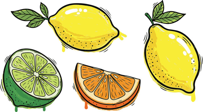 A colorful illustration of fresh citrus fruits including whole lemons, a lime half, and an orange slice, against white background.