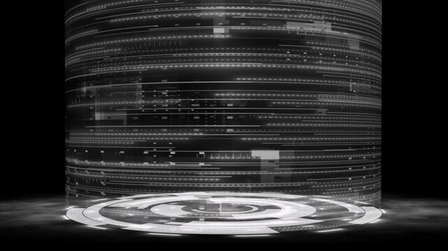 A futuristic circular stage or podium based on HUD (Heads-Up Display) technology, featuring a dynamic, moving digital data cylinder background in a black-and-white (monochrome) aesthetic.