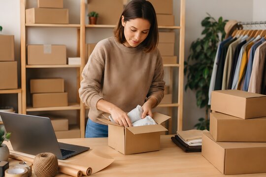 Young Business Woman Packing a Cardboard Box for Order Shipment in Her Small Online Shop Office