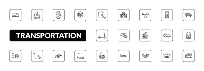 outline transportation icons set - road sweeper, sail boat, electric car, minibus. editable vector for web and mobile ui © IconArt