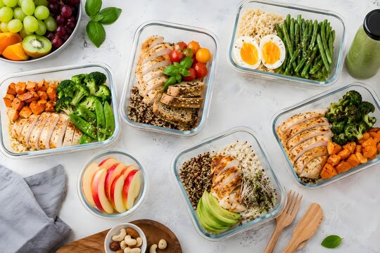 Healthy Meal Prep Containers with Grilled Chicken Quinoa Vegetables and Fresh Fruits Overhead View