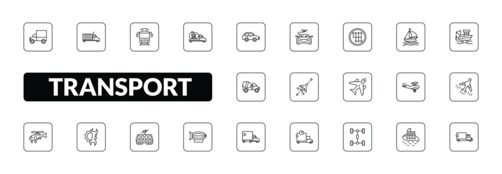 outline transport icons set - lorry, trucking, gas truck, free transport. editable vector for web and mobile ui