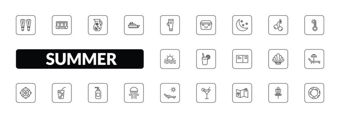 outline summer icons set - flippers, caste, cruise, rubber ring. editable vector for web and mobile ui © IconArt