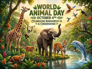 Fototapeta premium Colorful illustration of diverse wildlife celebrating world animal day with lush jungle scenery and vibrant animals together