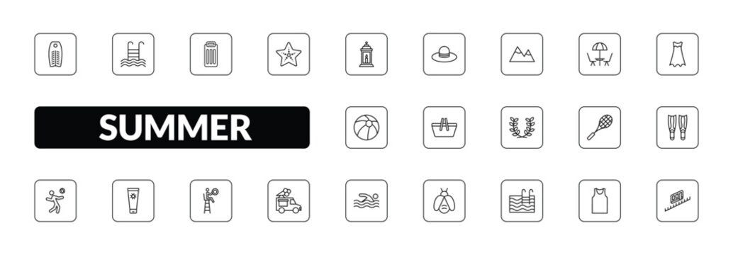 outline summer icons set - bodyboard, swimming pool ladder, sea star, funicular. editable vector for web and mobile ui