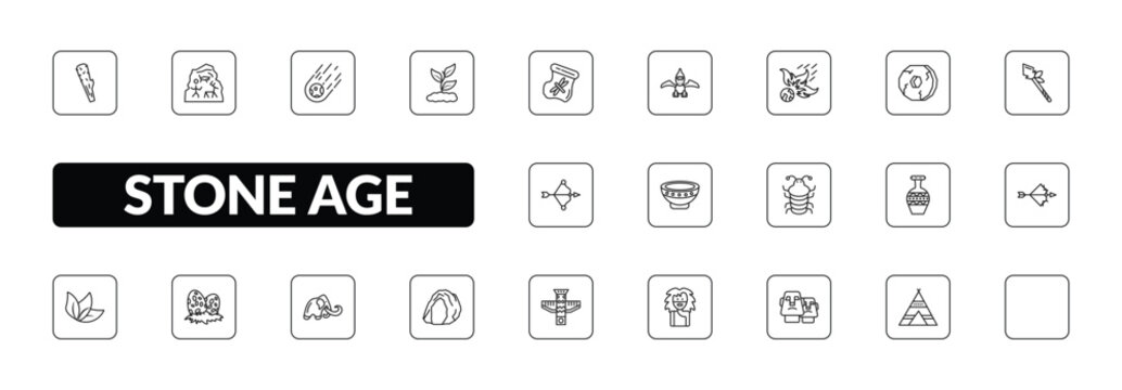 outline stone age icons set - club, cave painting, plant, tipi. editable vector for web and mobile ui