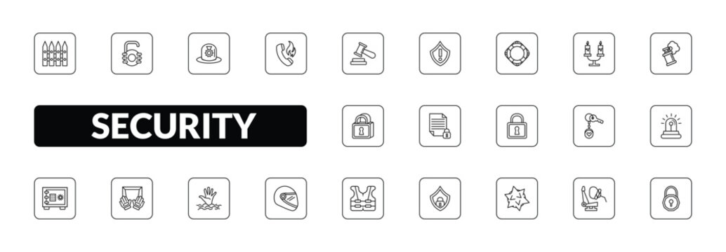 outline security icons set - picket, open access, fire phone, padlock unlocked. editable vector for web and mobile ui