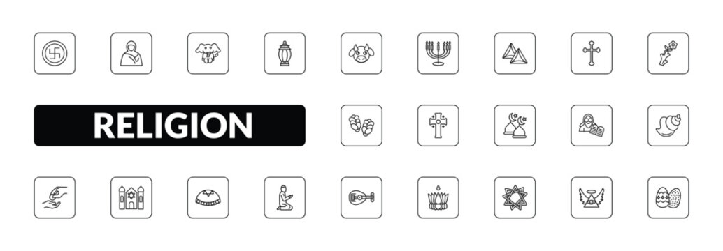 outline religion icons set - swastica, hijab veil, arabian lantern, easter eggs. editable vector for web and mobile ui