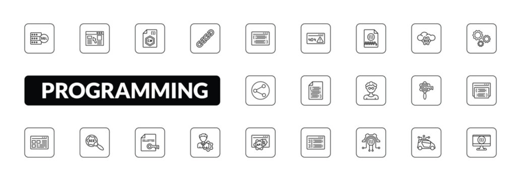 outline programming icons set - mysql, landing page, hyperlink, computing. editable vector for web and mobile ui