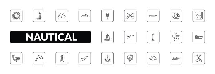outline nautical icons set - lifesaver, long lighthouse, watercraft, paddles. editable vector for web and mobile ui © IconArt