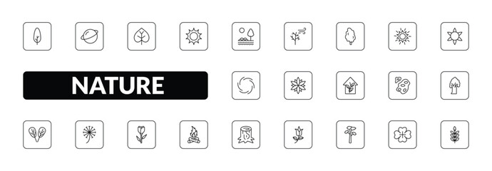 outline nature icons set - cypress, saturn with his ring, sol, american mountain ash. editable vector for web and mobile ui © IconArt