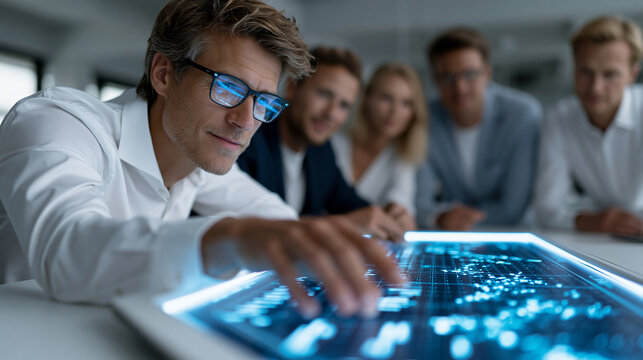 Cinematic candid office photograph of a diverse cross-functional data and design team in a bright airy workspace, gathered in a semicircle around a glowing holographic AI visualiza