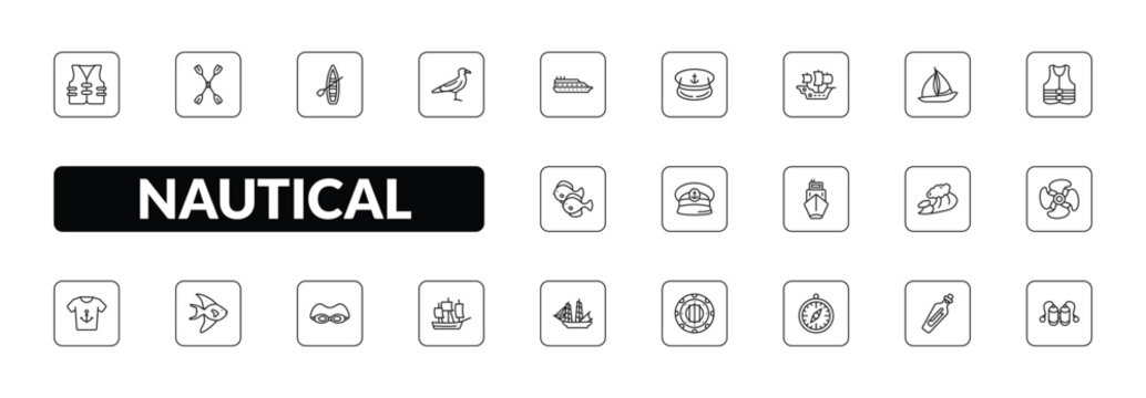 outline nautical icons set - vest, double paddle, seagull, aqualung. editable vector for web and mobile ui