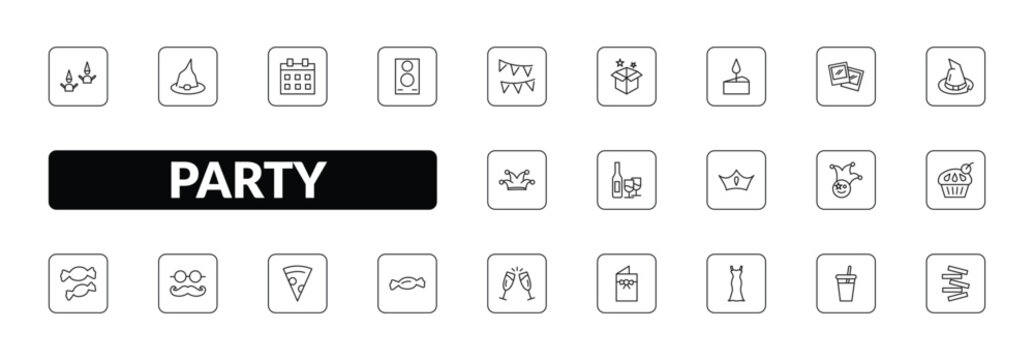 outline party icons set - birthday friends, wizard hat, big speaker, jenga. editable vector for web and mobile ui