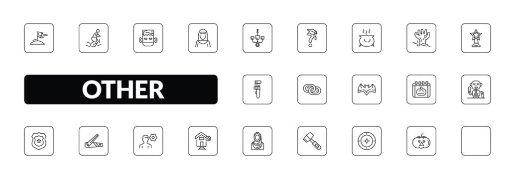 outline other icons set - king of the hill, sack race, arabian woman, pirate pumpkin. editable vector for web and mobile ui