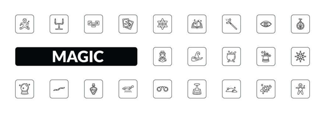 outline magic icons set - voodoo, candelabra, tarot, voodoo doll. editable vector for web and mobile ui