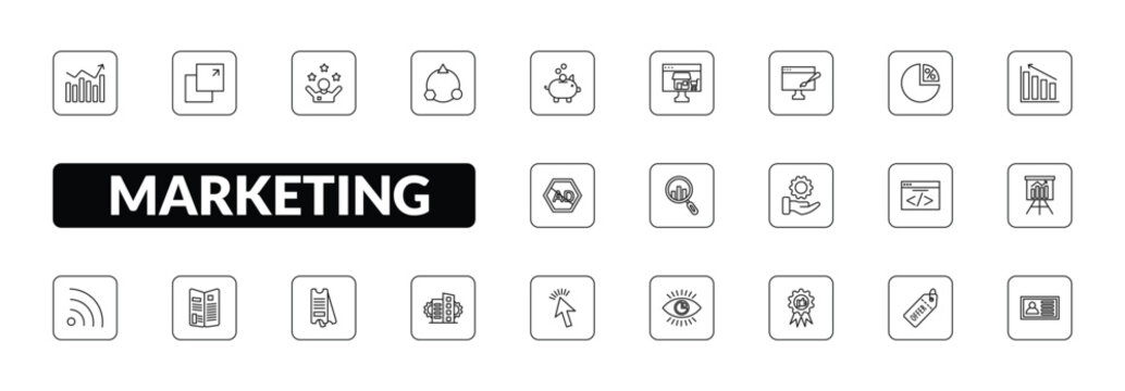 outline marketing icons set - performance, pop up, diversify, id. editable vector for web and mobile ui