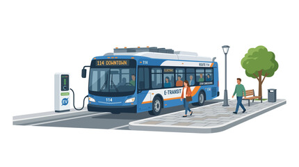 Fototapeta premium Electric Bus Charging Station with Passengers and Pedestrians on City Street