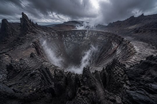 A deep volcanic crater emitting steam, surrounded by sharp black rock formations.
