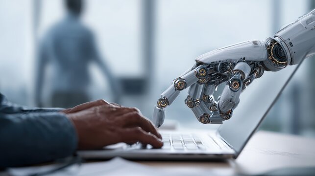 Robot and human interaction on laptop artificial intelligence and technology concepts