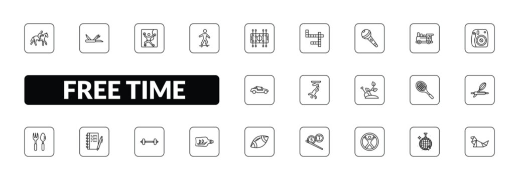 outline free time icons set - riding, multitool, skateboarding, origami. editable vector for web and mobile ui