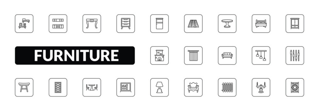 outline furniture icons set - wall shelves, cabinet, bedside table, carpet. editable vector for web and mobile ui