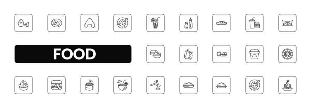 outline food icons set - eggs sillhouettes, chote donut, winter melon soup, pancake. editable vector for web and mobile ui