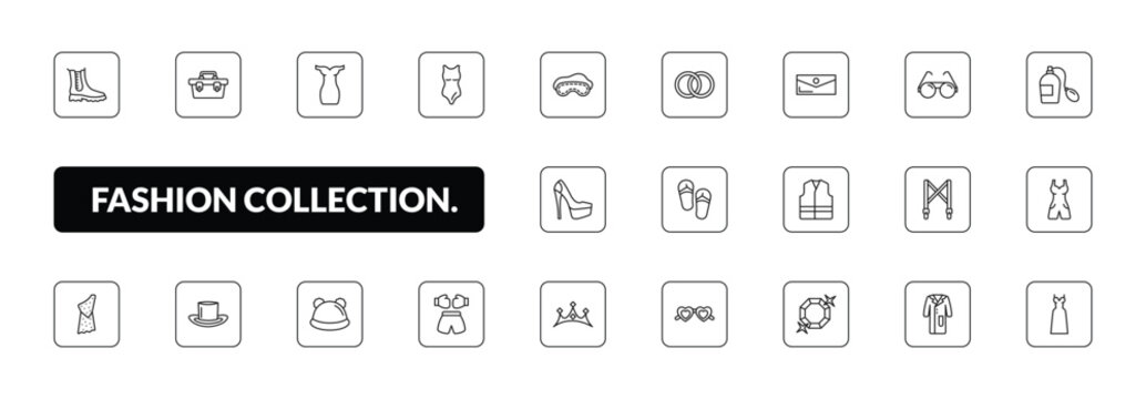 outline fashion collection. icons set - boot for women, small toolbox, swimwear, elegante. editable vector for web and mobile ui