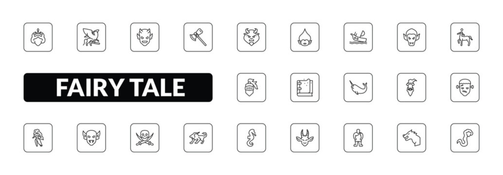 outline fairy tale icons set - queen, griffin, thor, rapunzel. editable vector for web and mobile ui
