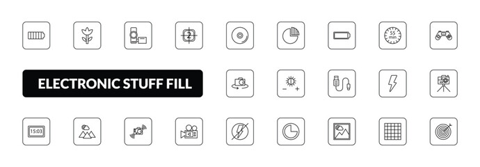 outline electronic stuff fill icons set - full battery, ro, video file list, objective. editable vector for web and mobile ui © IconArt