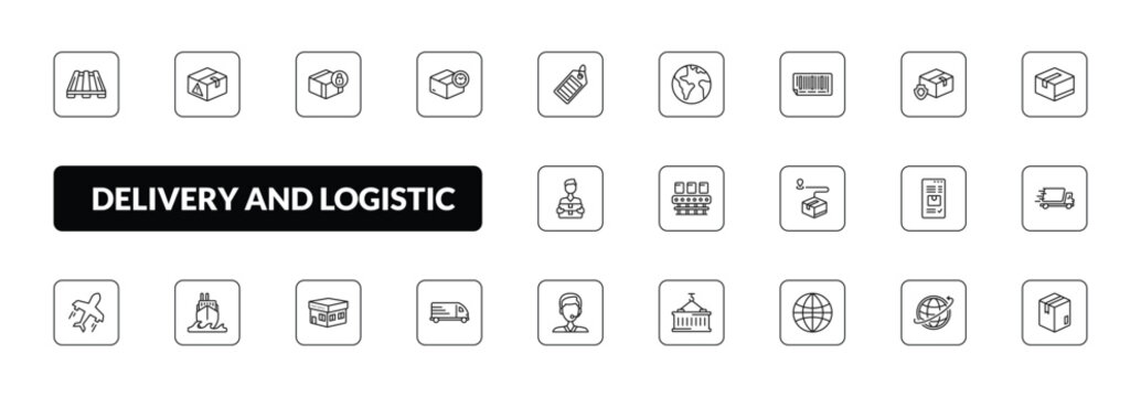 outline delivery and logistic icons set - pallet, delivery warning, delivery time, box. editable vector for web and mobile ui